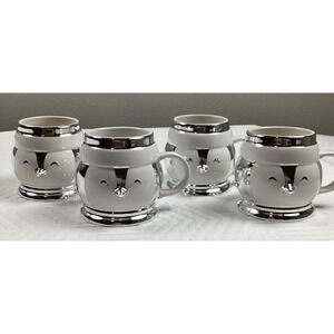 Slatkin & Co Penguin Mugs Set 4 • Silver Winter Cocoa‎ Cups • Cute Holiday Decor